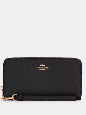 Coach Black Leather Long Zip Wrist Wallet with Gold Logo
